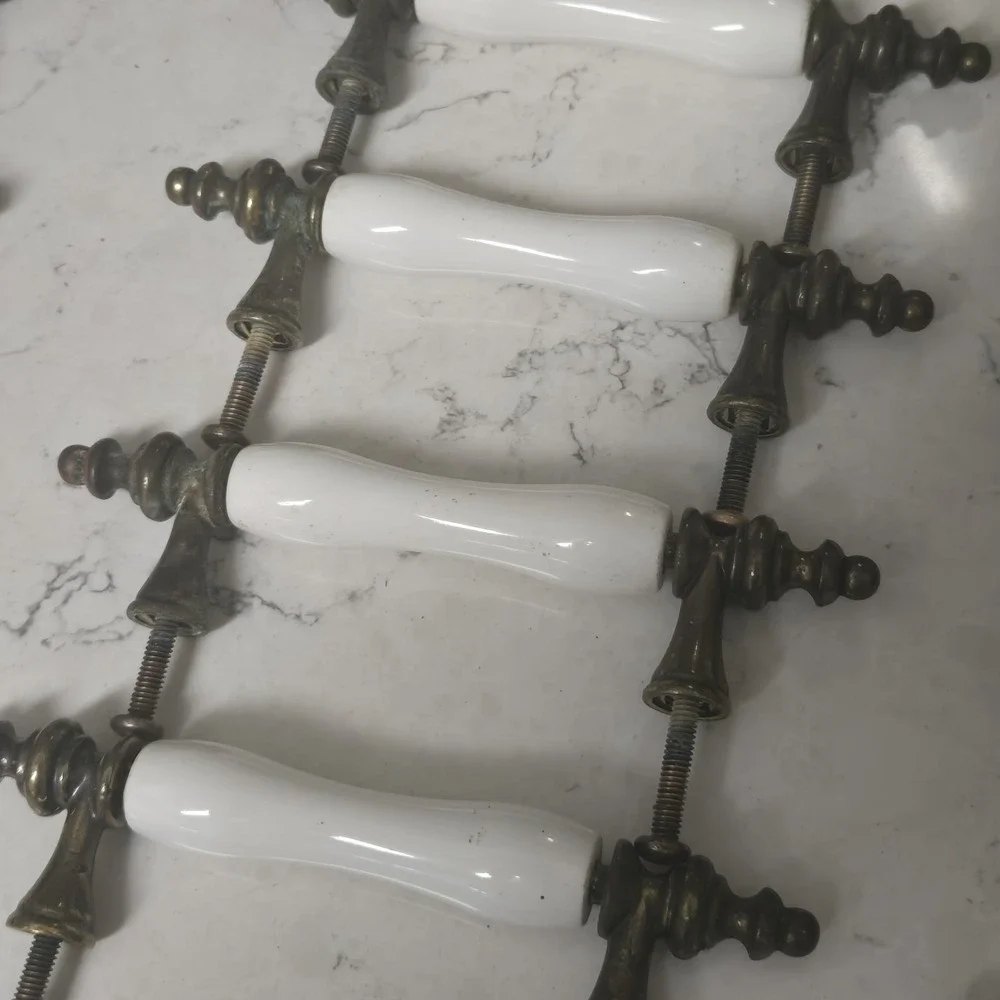 21 Antique White Porcelain & Brass Drawer Pull Cabinet Handles Heavy Patina READ